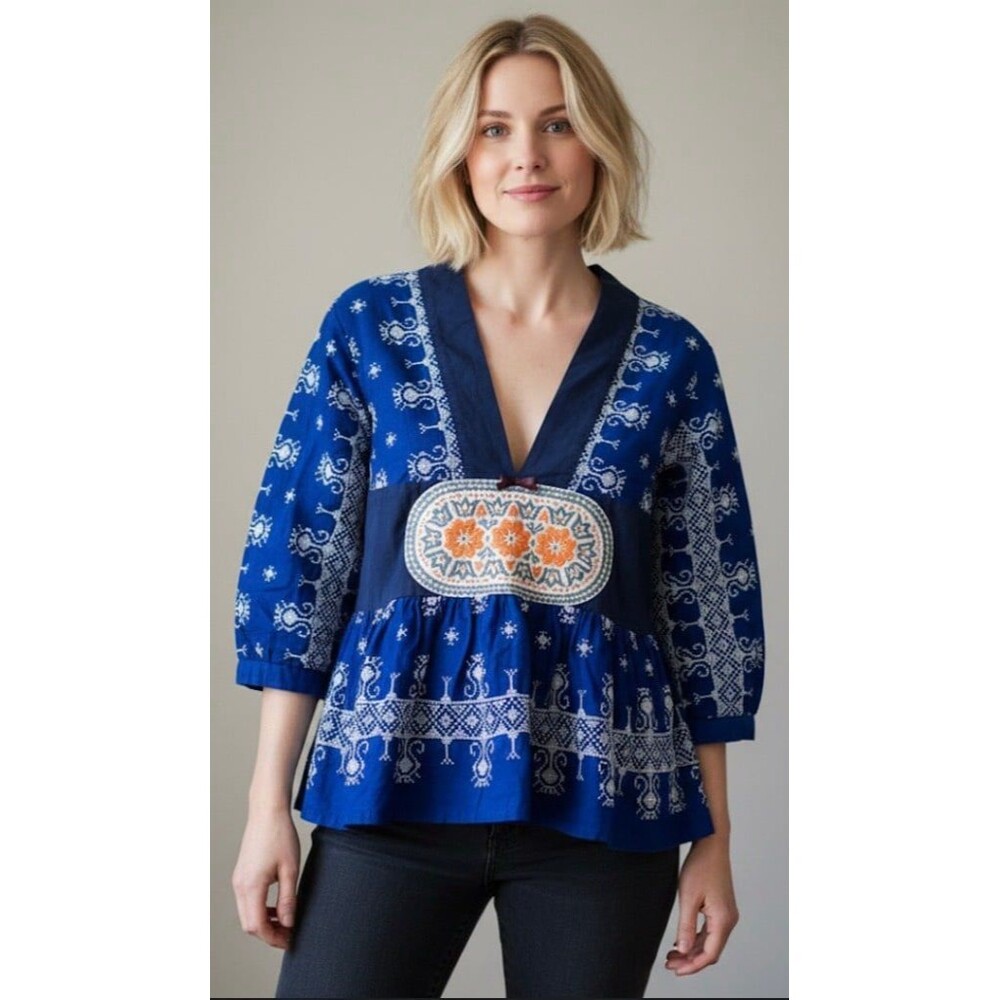 ODD MOLLY 4 Continents Boho Blue Embroidered Peplum 3/4 sleeve Top Sz 1 or S/M
